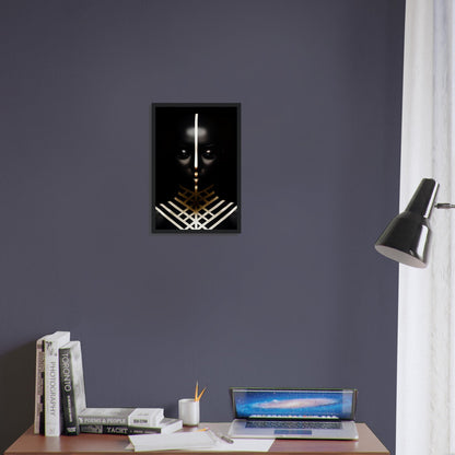 Framed artwork featuring a glowing cross and geometric patterns against a dark background.