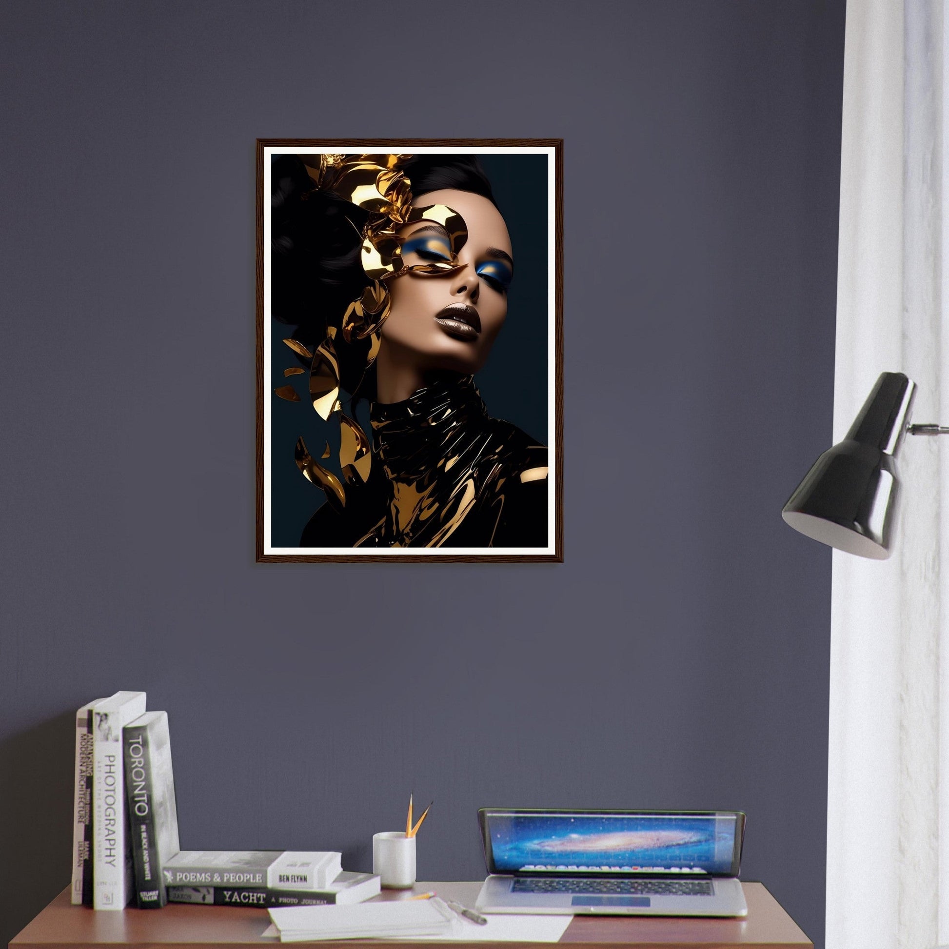 Framed portrait of a woman wearing an ornate gold mask and headdress against a dark background.