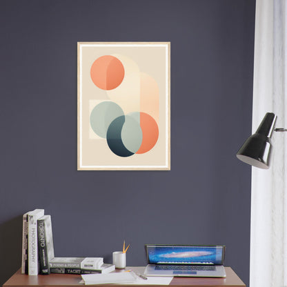 Abstract geometric artwork featuring overlapping circles in muted orange and teal tones.