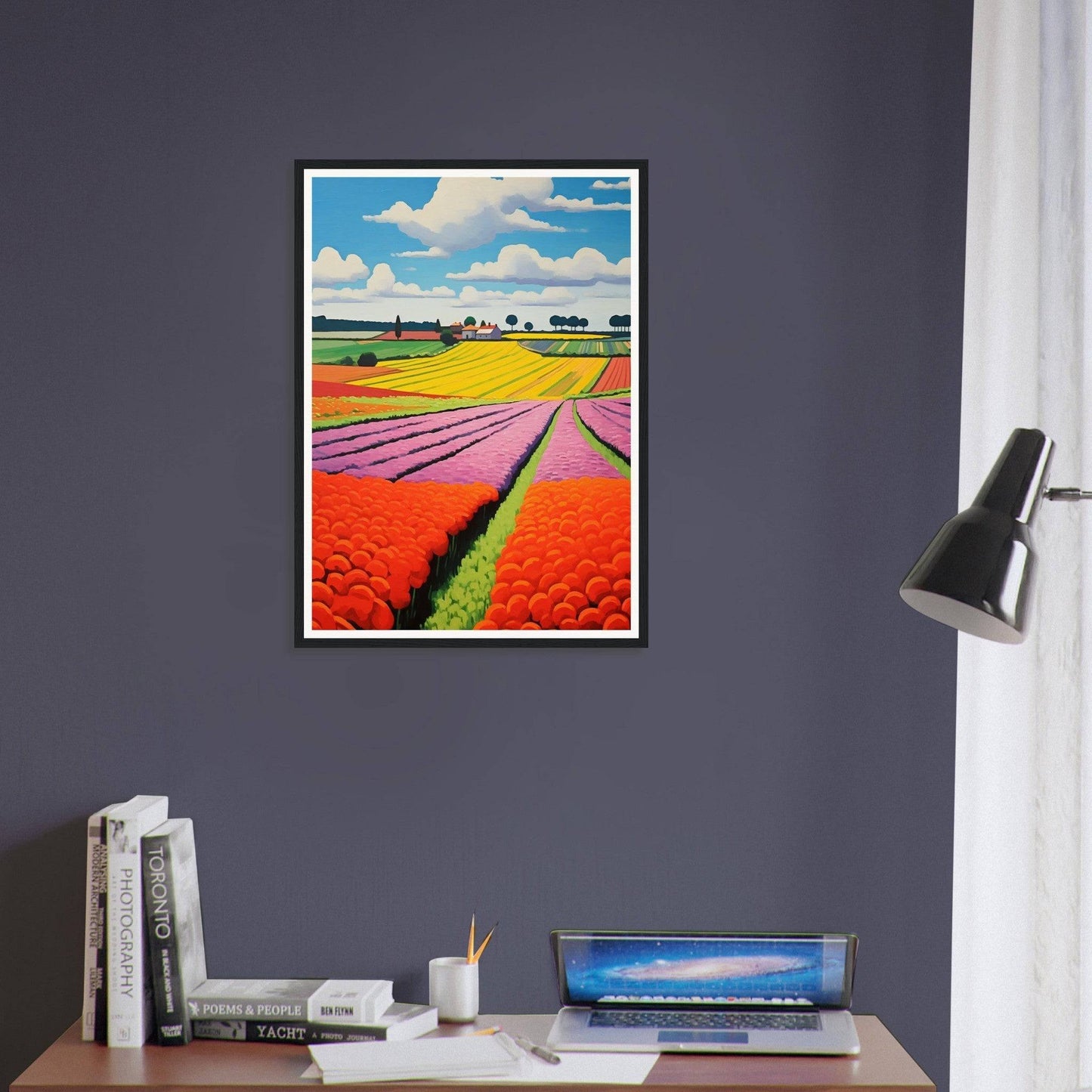 Framed colorful landscape painting of tulip fields in the Netherlands.