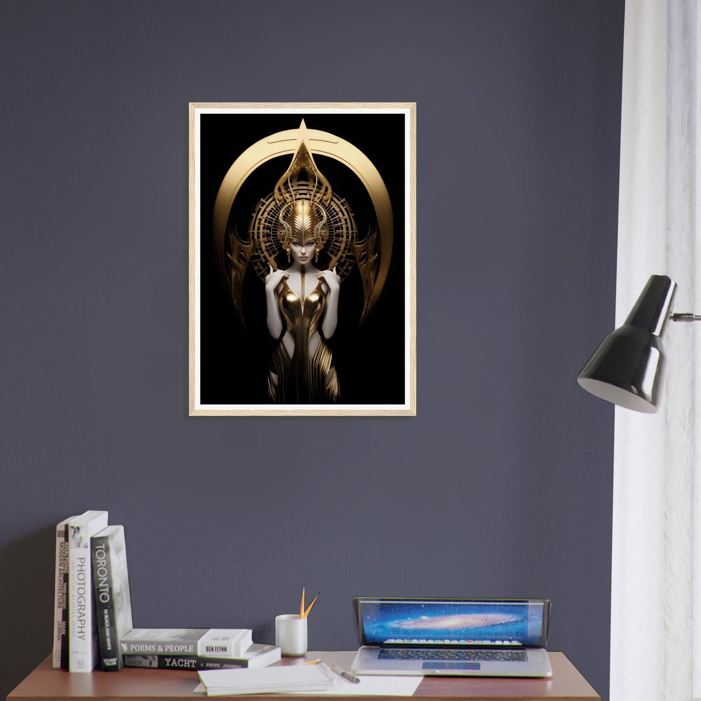 Framed artwork depicting a stylized golden figure with an ornate headdress against a dark background.