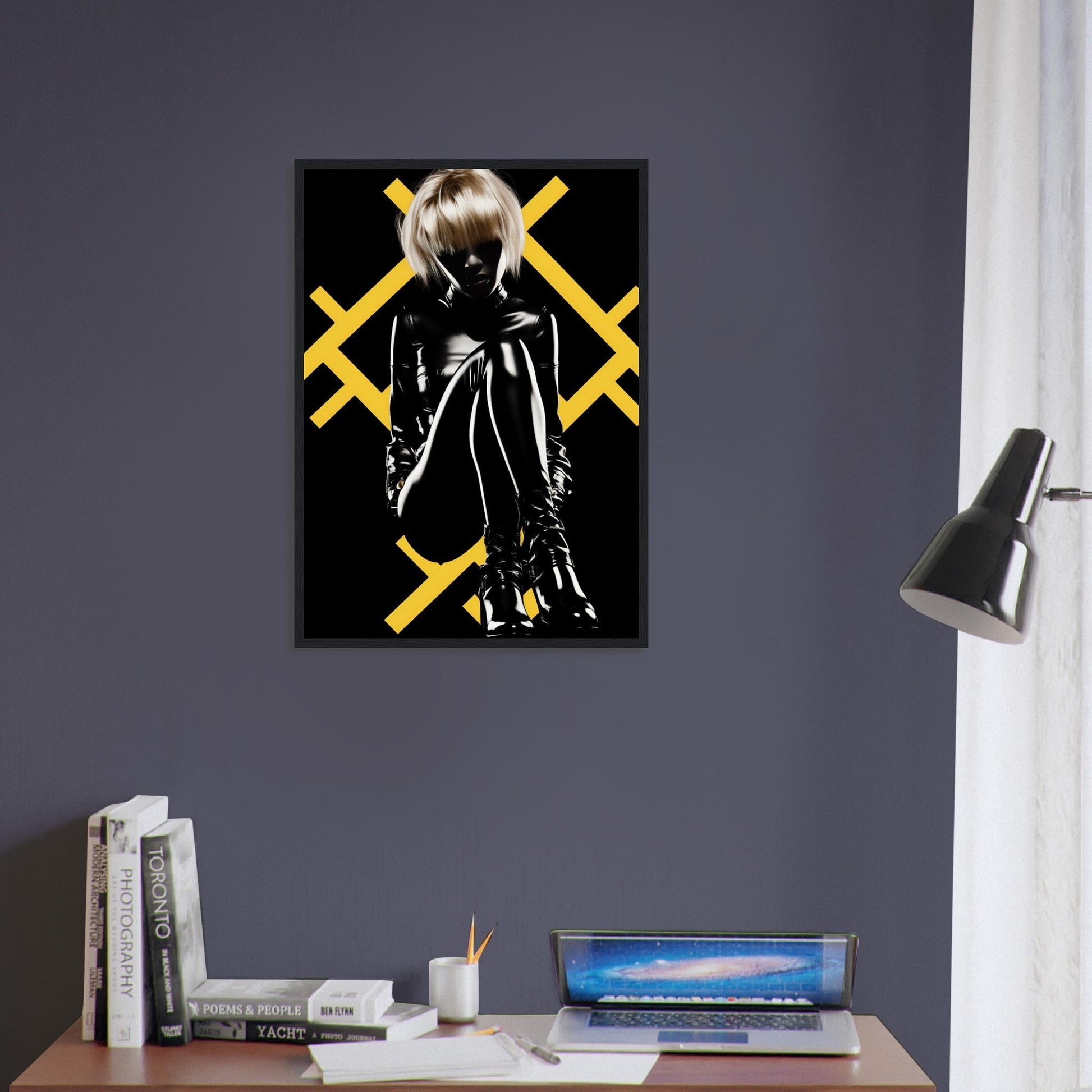 Framed artwork depicting a silhouetted figure against a black background with yellow X-shaped markings.