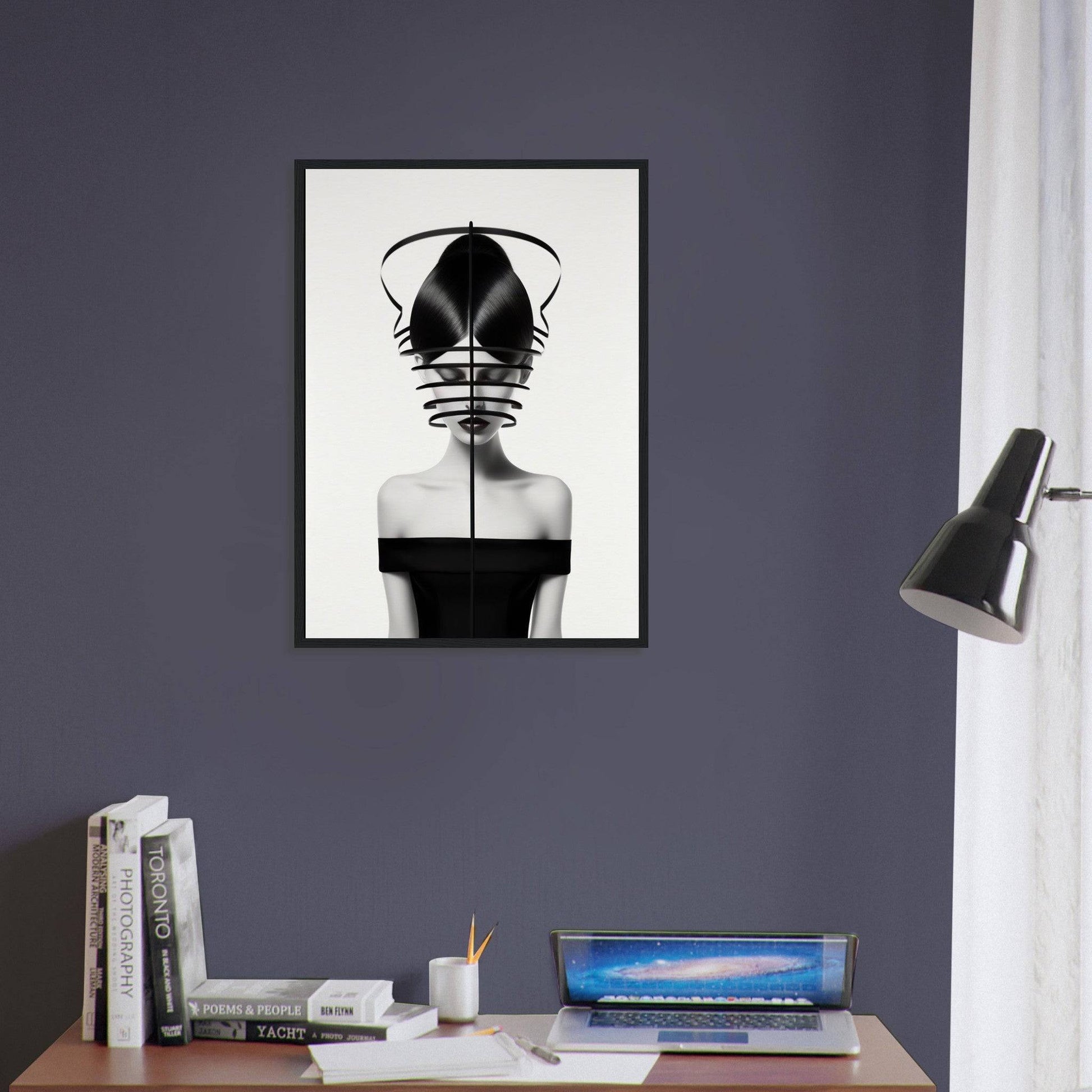 Striking black and white portrait of a figure with an abstract geometric headpiece obscuring the face.