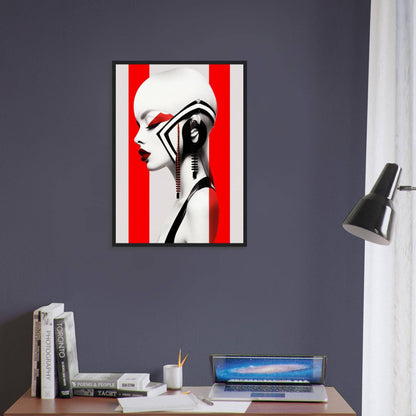 Striking black and white portrait with red stripes featuring a stylized profile of a figure wearing an elaborate headdress.