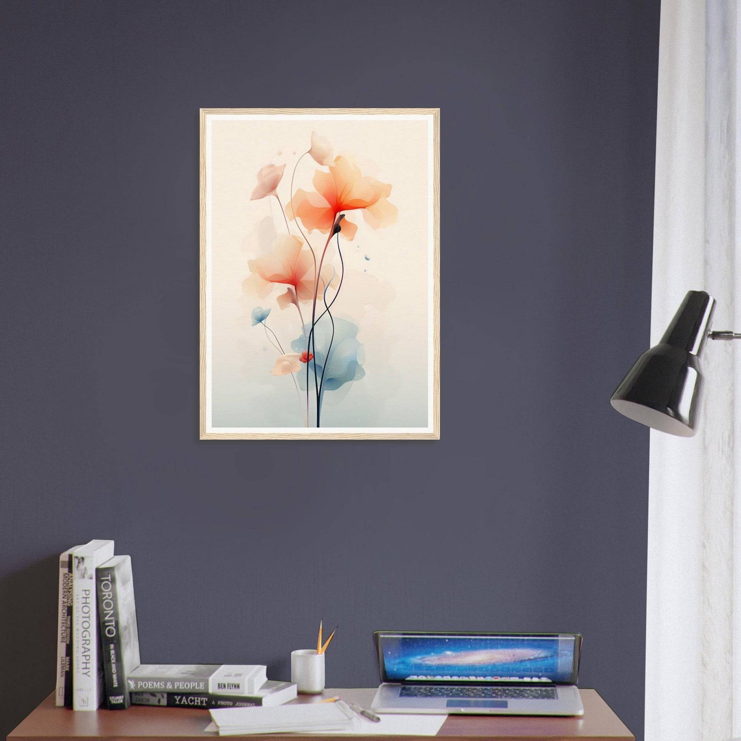 Framed watercolor painting of delicate flowers with orange and blue hues.