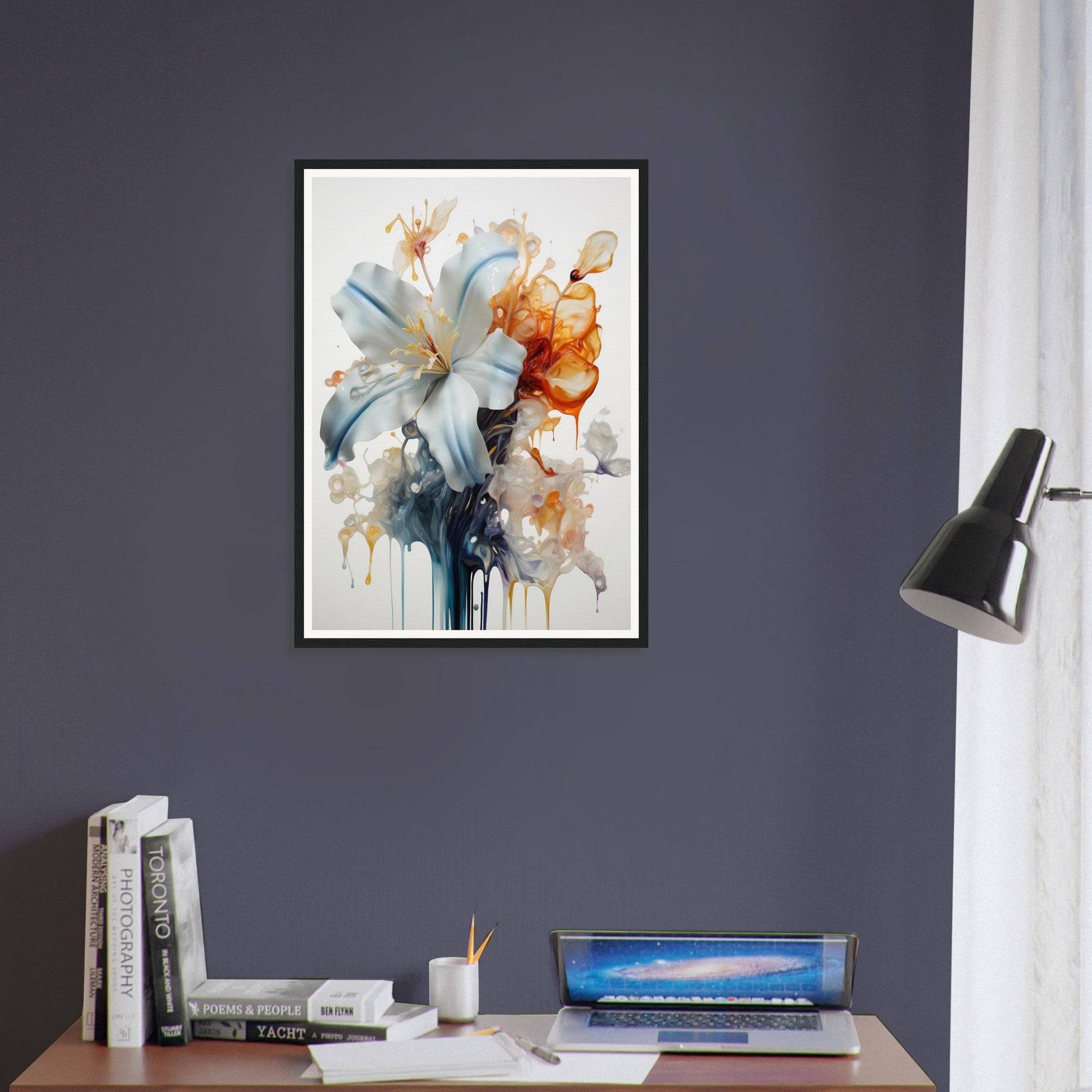 Framed watercolor painting of a lily with abstract orange and blue elements.