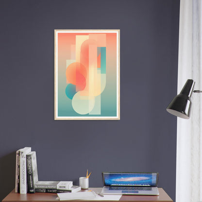 Abstract geometric artwork featuring soft pastel shapes in coral, teal, and yellow tones.