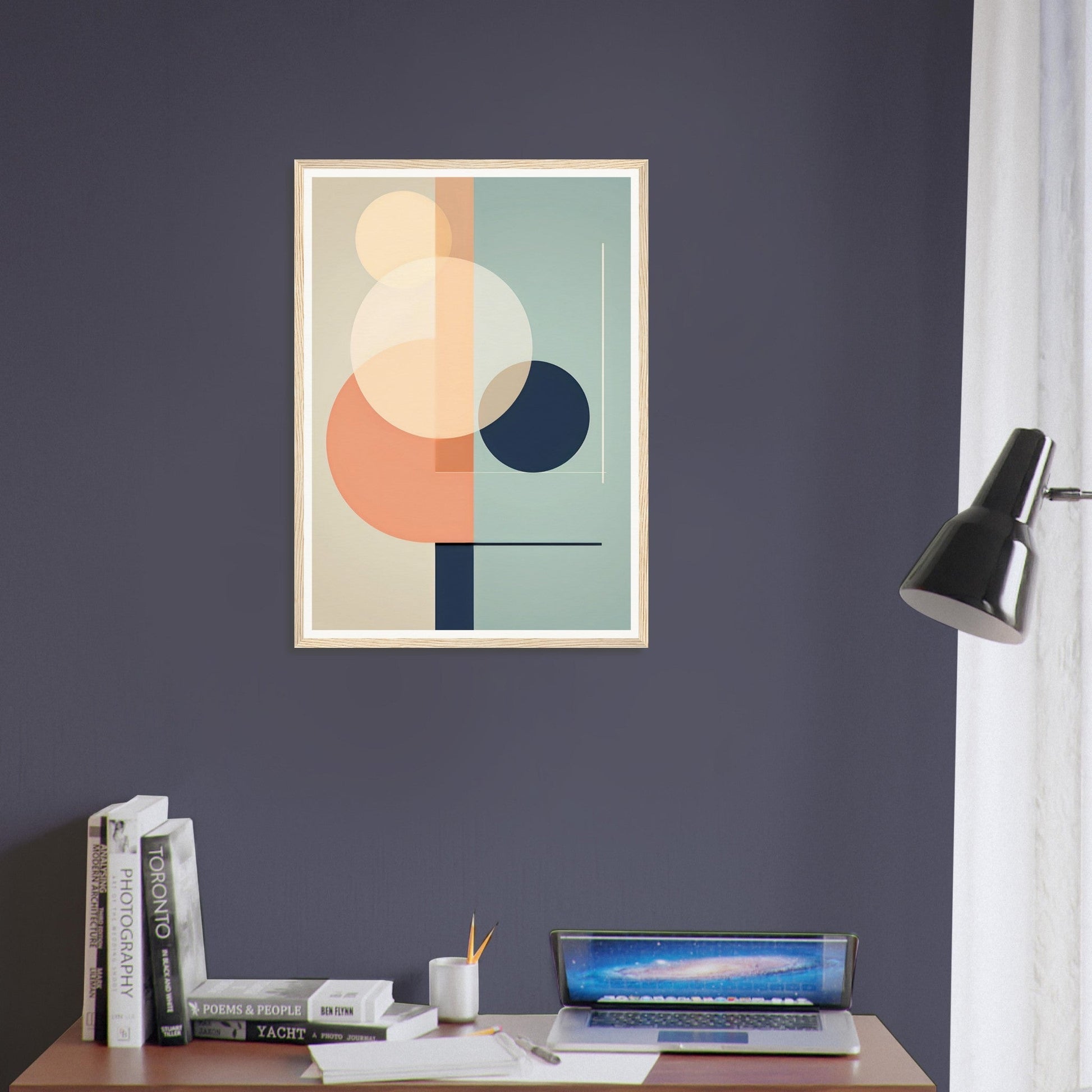 Abstract geometric art print featuring overlapping circles and shapes in muted pastel colors.