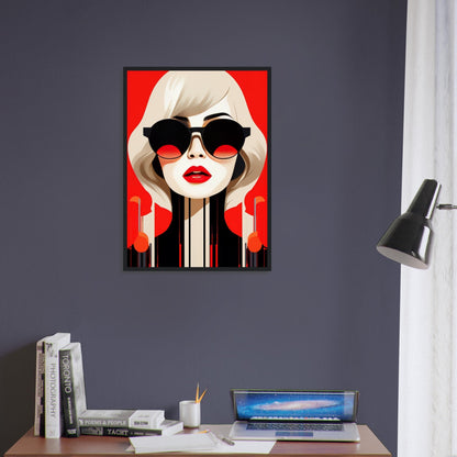 Stylized pop art portrait of a woman with blonde hair, red lips, and sunglasses against a red background.