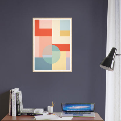 Abstract geometric artwork featuring colorful shapes and blocks in pastel tones.