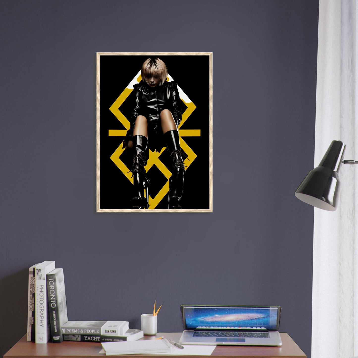 Framed poster featuring a person in black clothing against a yellow geometric pattern on a dark background.