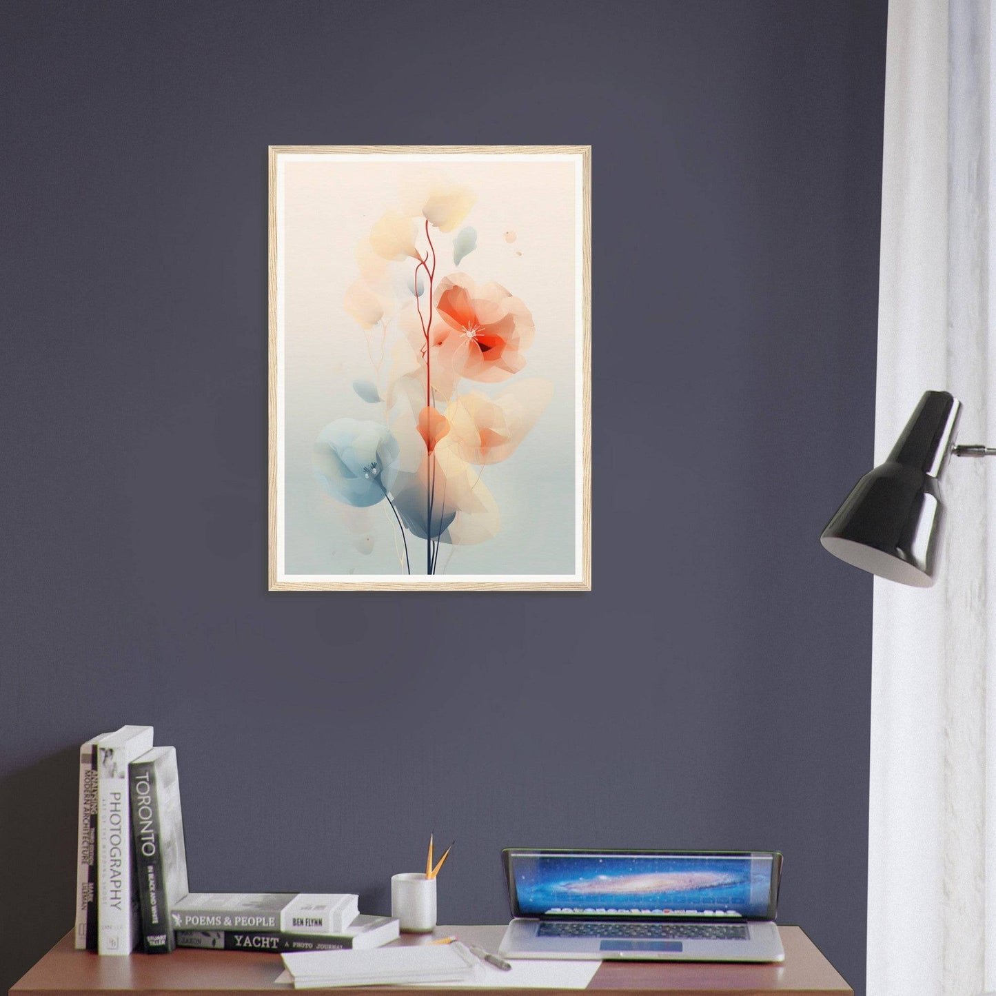 Framed watercolor painting of delicate flowers with soft orange and blue hues.