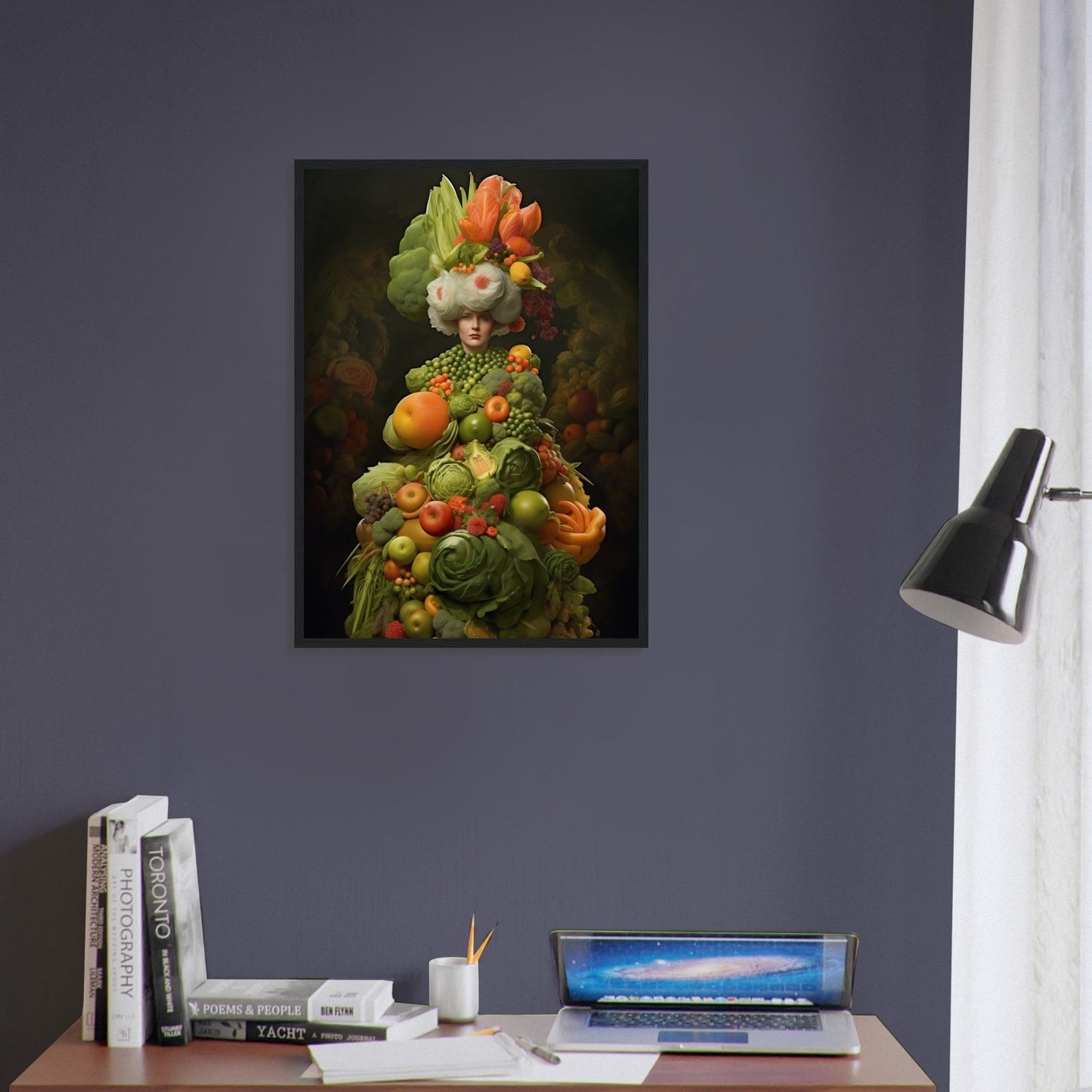 Surrealist portrait composed entirely of colorful fruits and vegetables arranged to resemble a human figure.