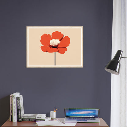 Framed artwork of a single red poppy flower against a beige background.