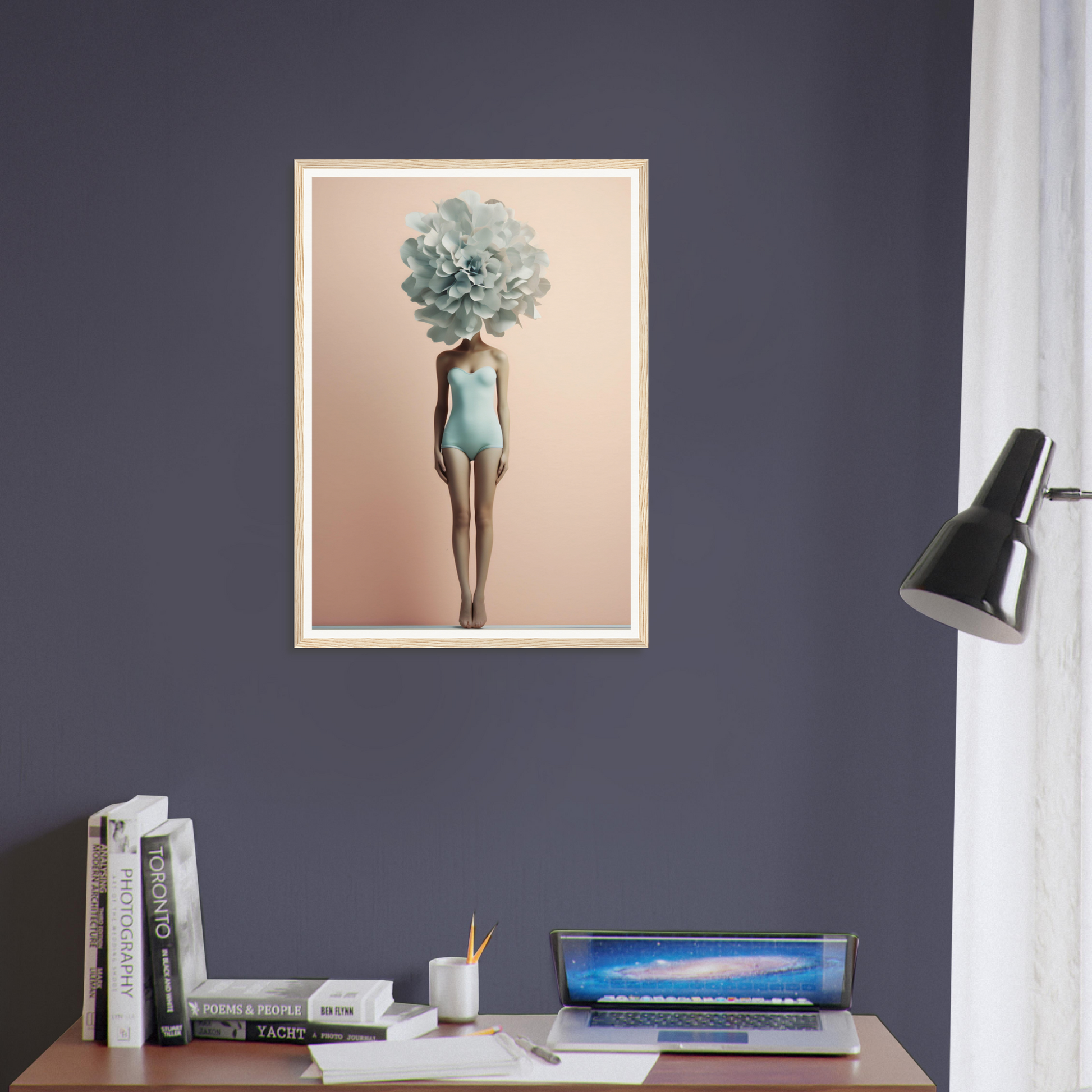 Framed surrealist artwork depicting a figure with a blue flower head wearing a teal swimsuit.