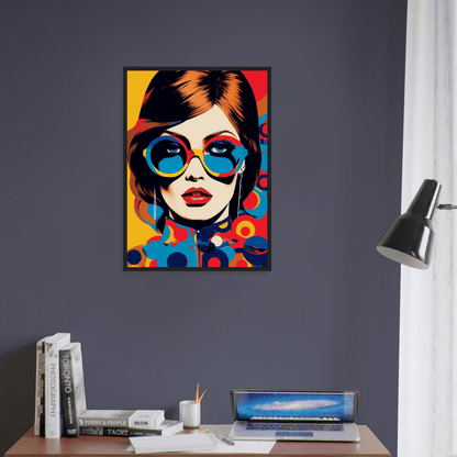 Colorful pop art style portrait of a woman wearing round sunglasses.