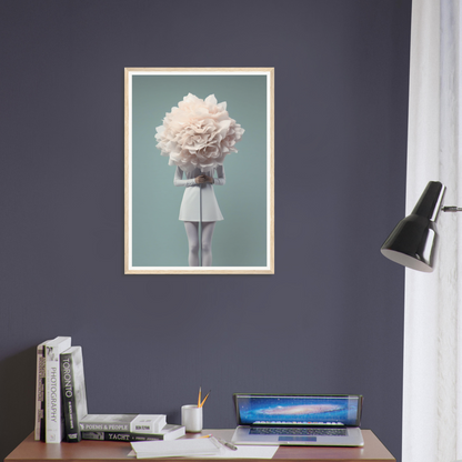 Framed surrealist artwork depicting a figure with a giant white flower as a head.