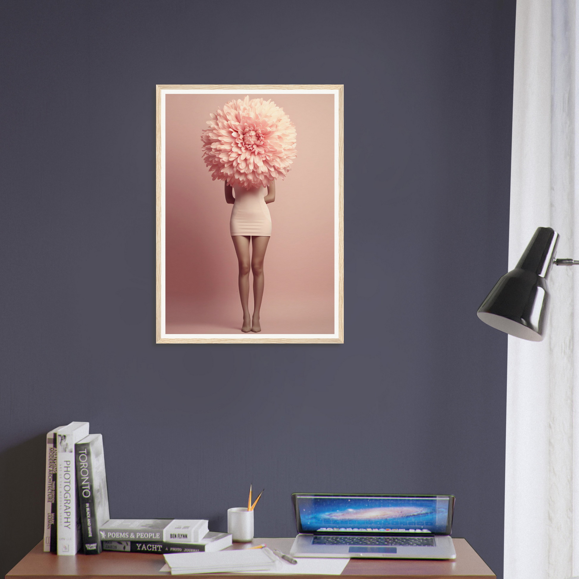 Framed artwork depicting a figure with a giant pink flower in place of their head, wearing white shorts.