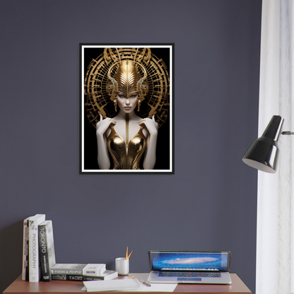 Framed artwork depicting a futuristic female figure with an elaborate golden headdress and metallic bodice.