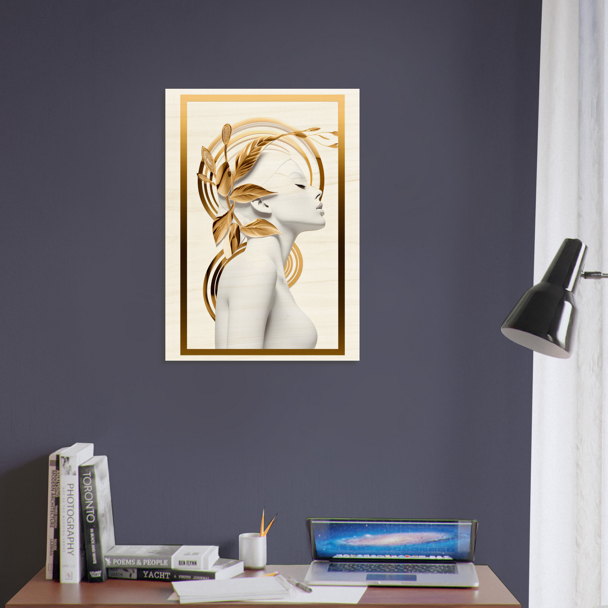 Framed artwork depicting a stylized female figure with golden leaf-like elements in her hair.