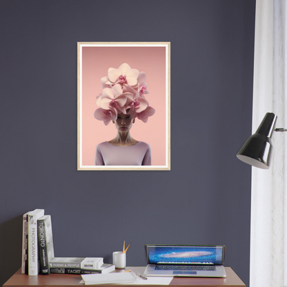 Framed surrealist artwork depicting a figure with orchid blossoms in place of a head.