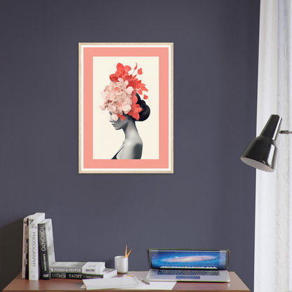 Framed artwork featuring a silhouette with vibrant floral headpiece against a pink border.