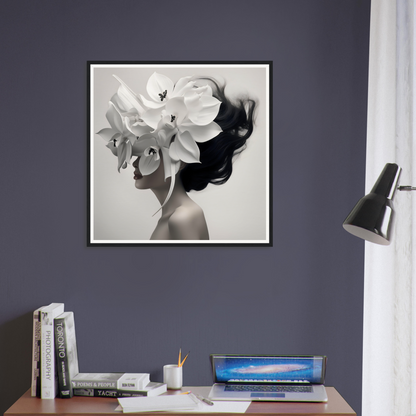 Framed black and white photograph of a figure wearing an elaborate floral headdress.