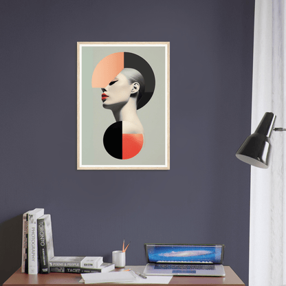 Abstract geometric portrait featuring a stylized profile with black, orange, and pale tones.