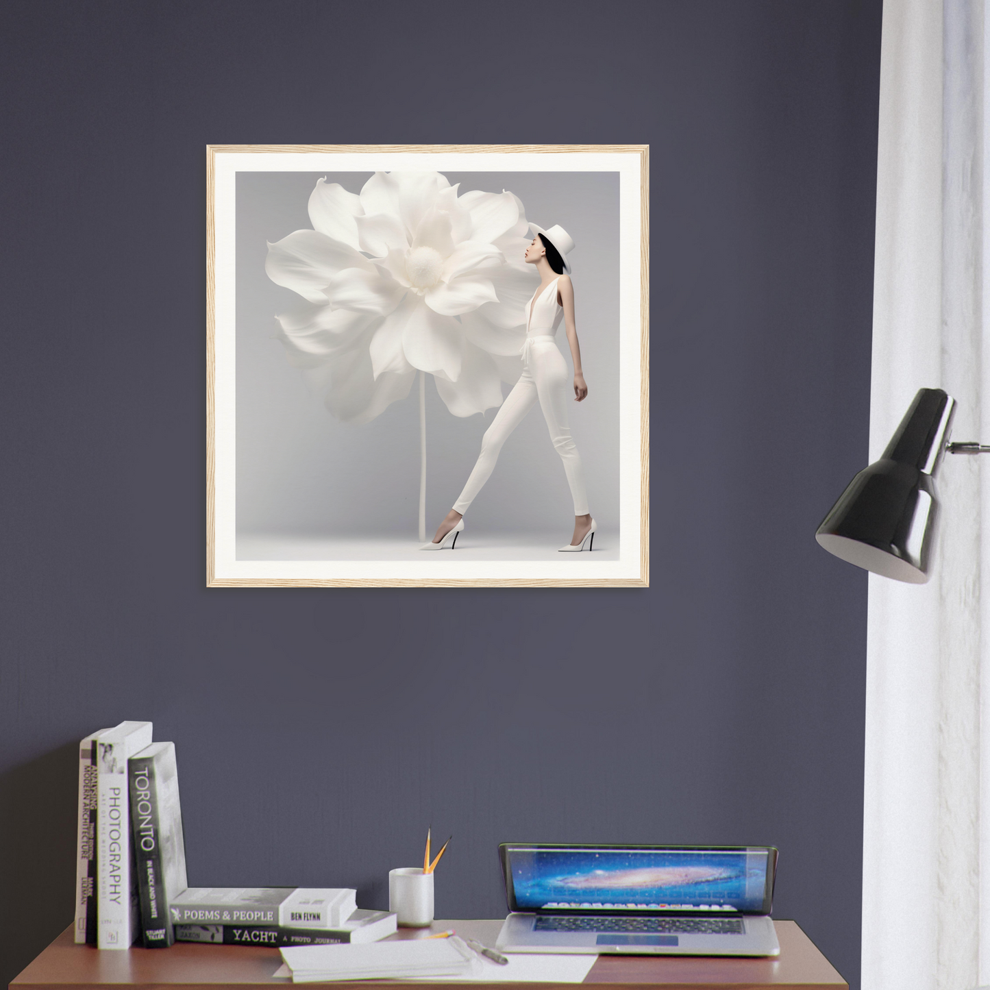 Framed artwork depicting a figure partially obscured by a giant white flower.