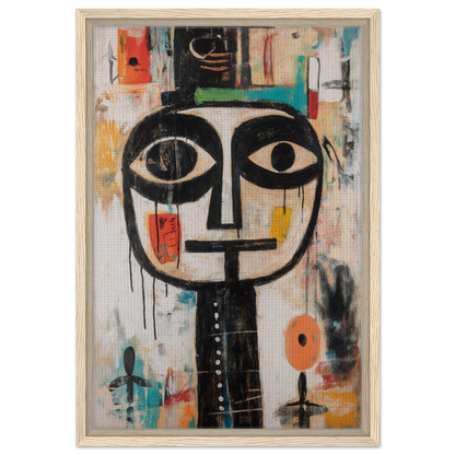 Stylized face with large eyes on colorful abstract background, Totemic Psychedelic Contemplation