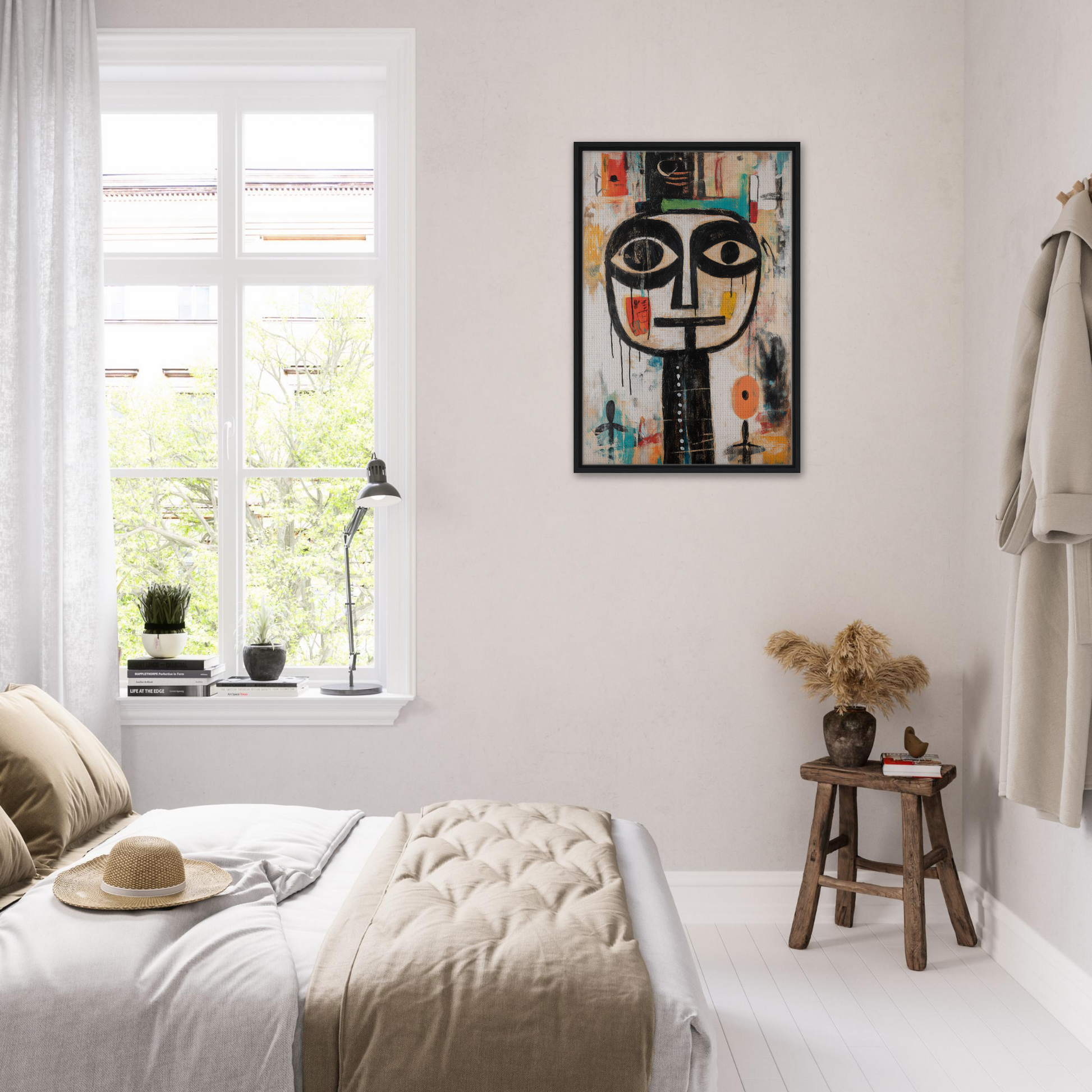 Bright modern bedroom with white decor and a Framed Canvas Print of Totemic Psychedelic Contemplation