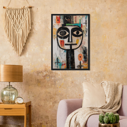 Abstract portrait painting in a black frame, featuring large eyes for Totemic Psychedelic Contemplation