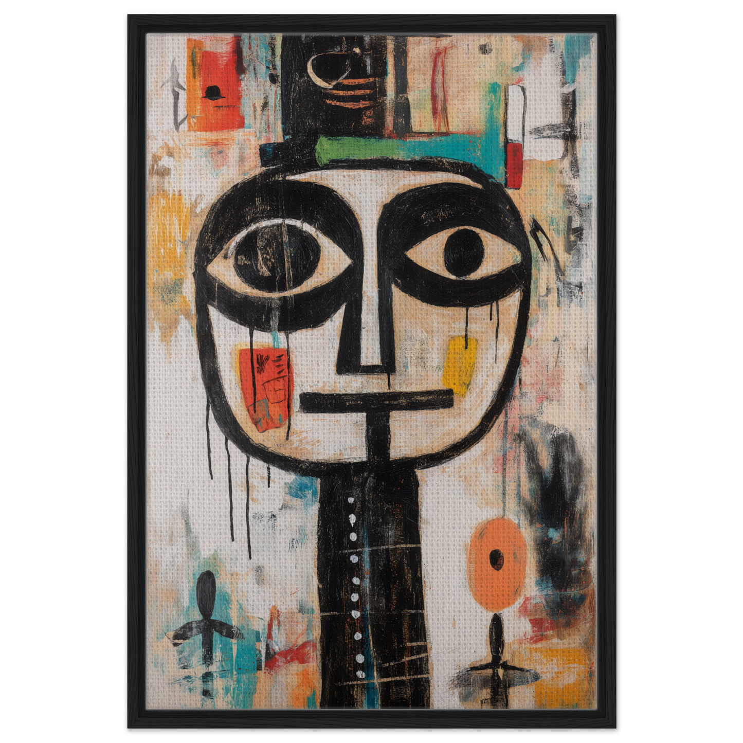 Stylized abstract face with large eyes in Totemic Psychedelic Contemplation framed canvas print