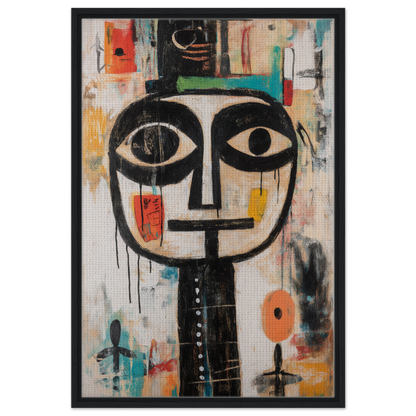 Stylized abstract face with large eyes in Totemic Psychedelic Contemplation framed canvas print