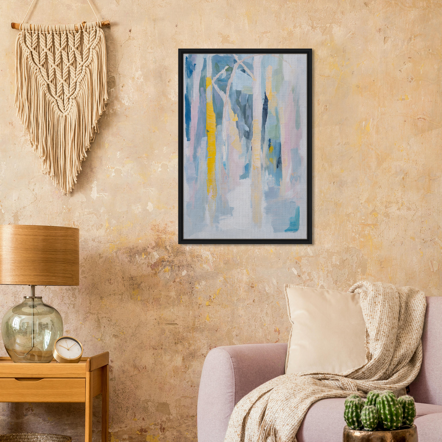 Framed canvas art ’Trances of Timber’ featuring blue, white, and yellow streaks for room decor