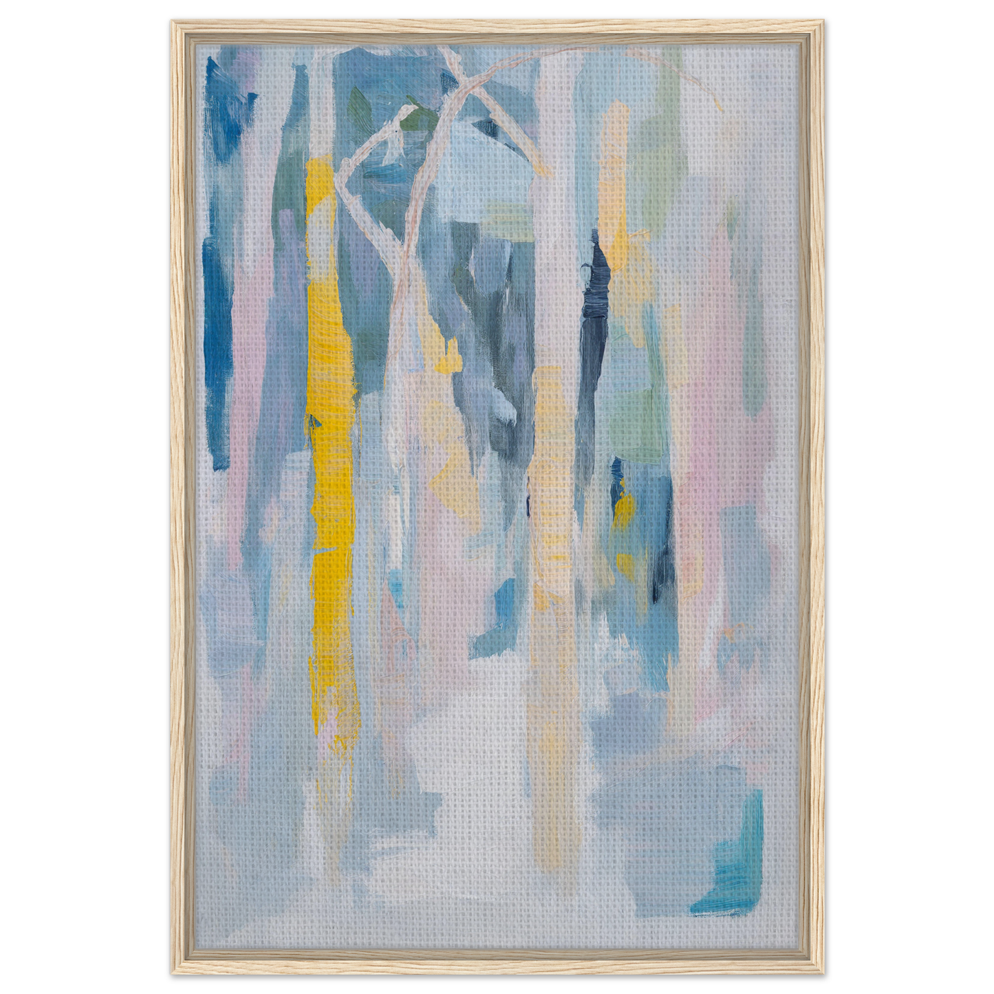 Abstract painting of vertical streaks in soft blues and yellows for Fashion Oracle™ framed canvas print