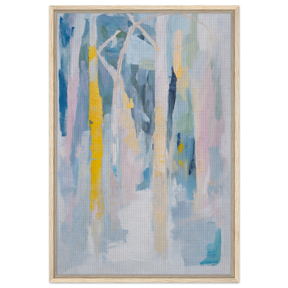 Abstract painting of vertical streaks in soft blues and yellows for Fashion Oracle™ framed canvas print