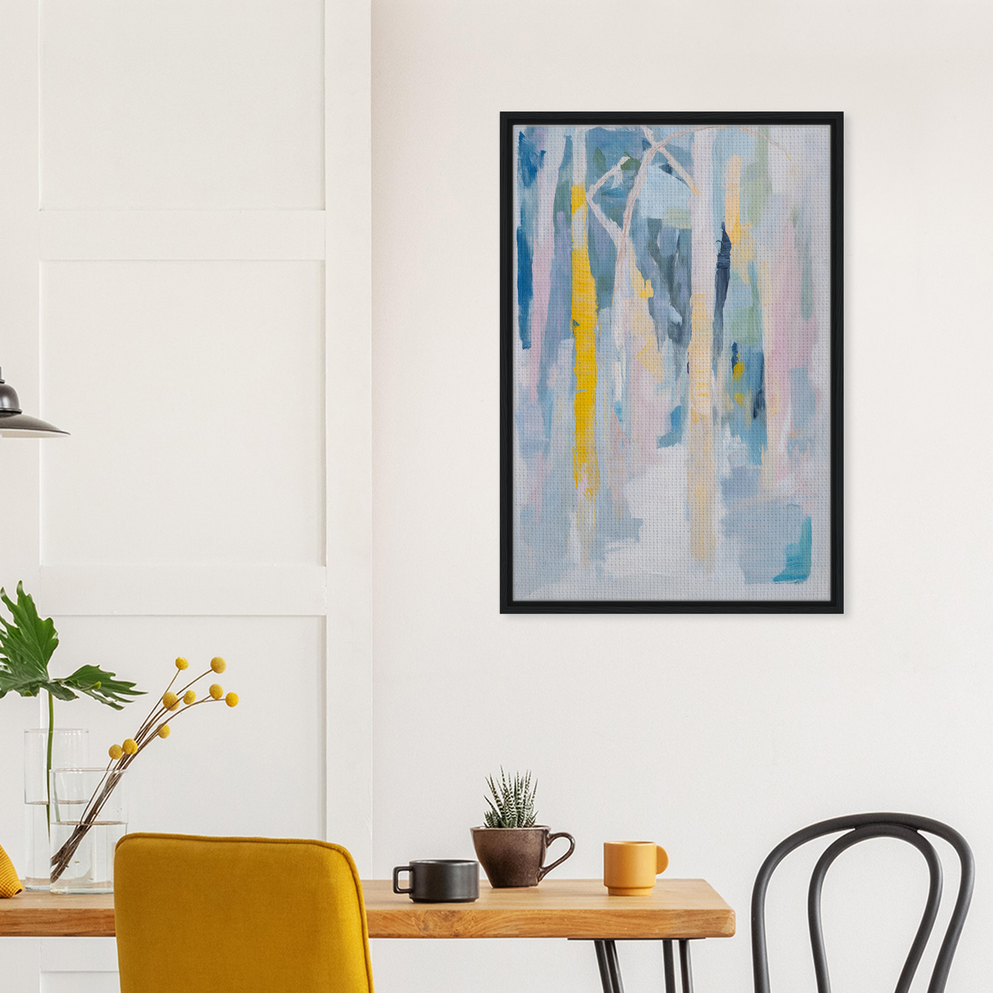 Abstract painting with blue, yellow, and gray vertical streaks in a framed canvas art for room decor