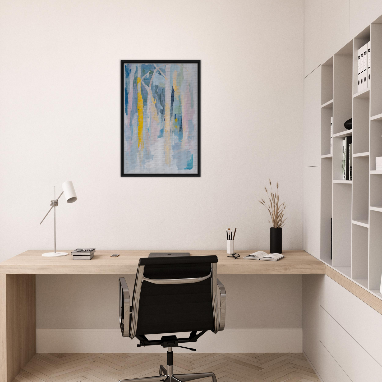 Minimalist home office with wooden desk, chair, and Fashion Oracle framed canvas art