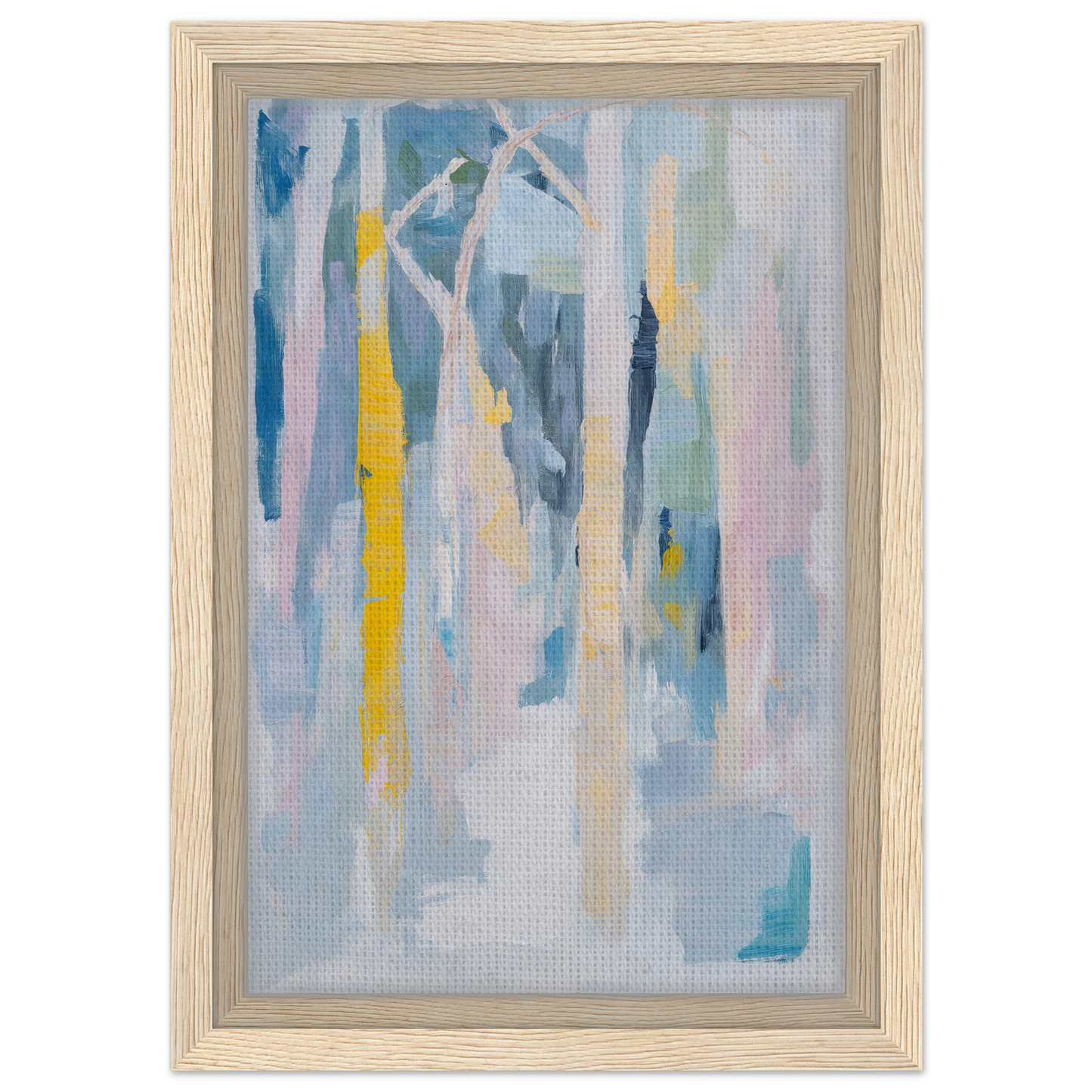 Abstract painting with vertical brushstrokes in soft blues and yellows for framed canvas art