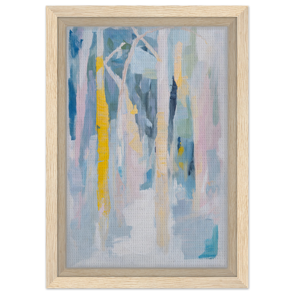 Abstract painting with vertical brushstrokes in soft blues and yellows for framed canvas art