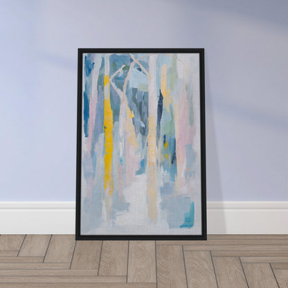 Framed canvas art Trances of Timber featuring soft blues, yellows, and whites for room decor