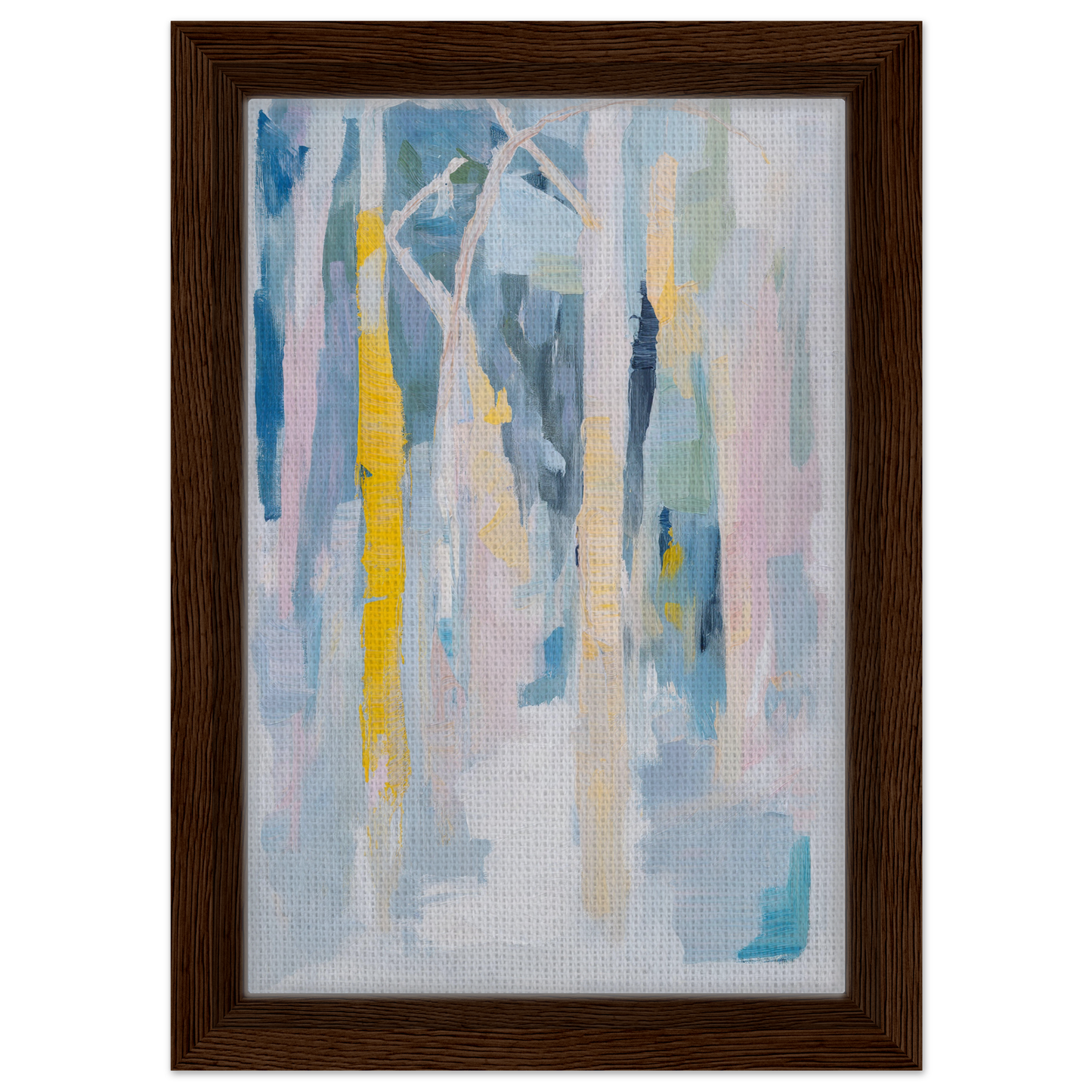 Abstract painting with vibrant blue and yellow streaks in a brown frame, ideal for room decor