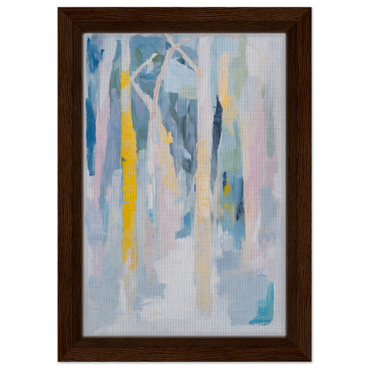 Abstract painting with vibrant blue and yellow streaks in a brown frame, ideal for room decor