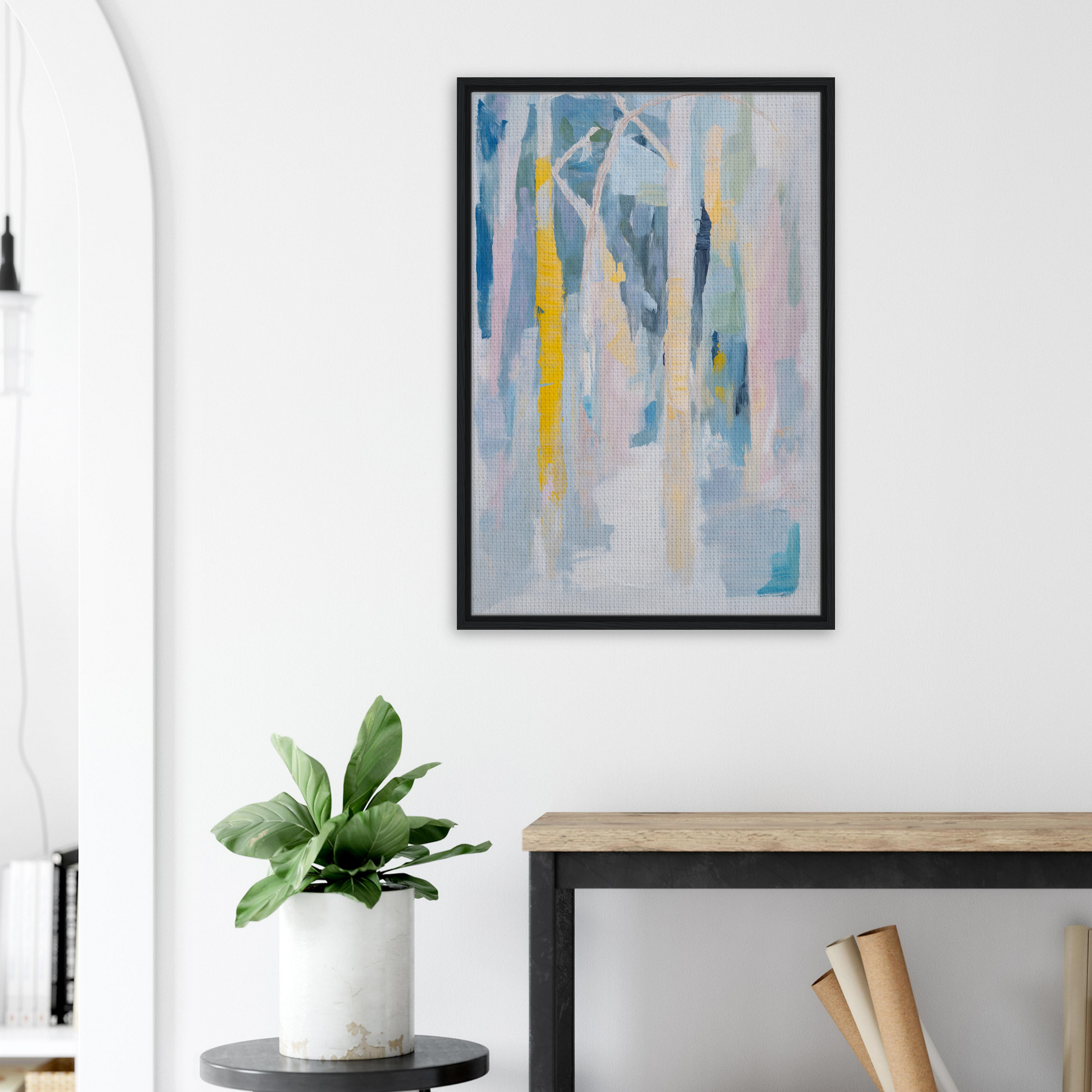 Abstract painting in blue, yellow, and gray tones, framed canvas art for stylish room decor