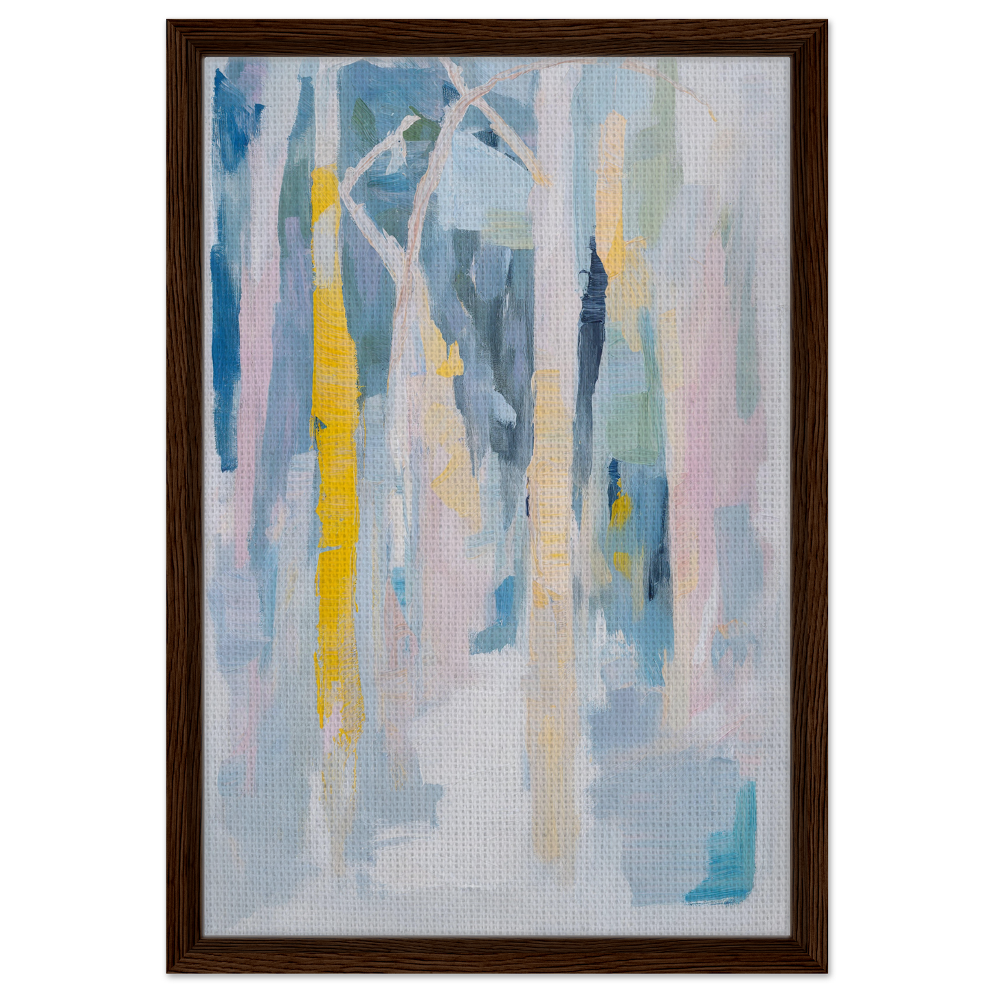 Abstract painting with soft blues and yellows in a dark wood frame by Fashion Oracle™