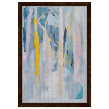 Abstract painting with soft blues and yellows in a dark wood frame by Fashion Oracle™