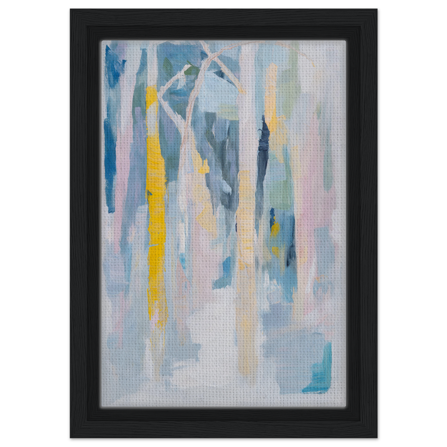 Abstract painting in soft blues, yellows, and grays in a framed canvas print by Fashion Oracle™