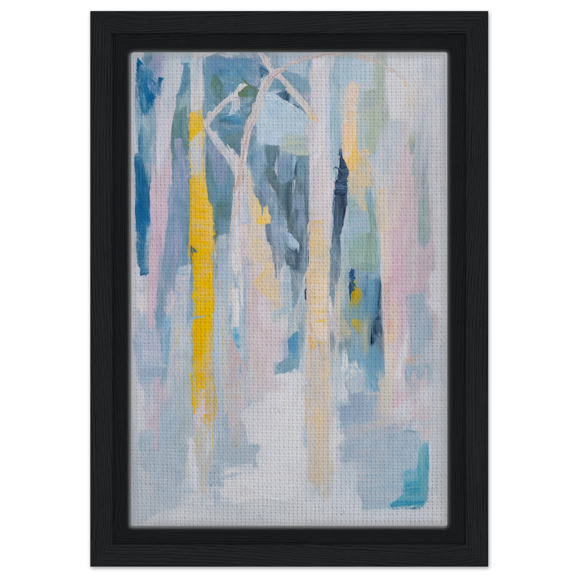 Abstract painting in soft blues, yellows, and grays in a framed canvas print by Fashion Oracle™