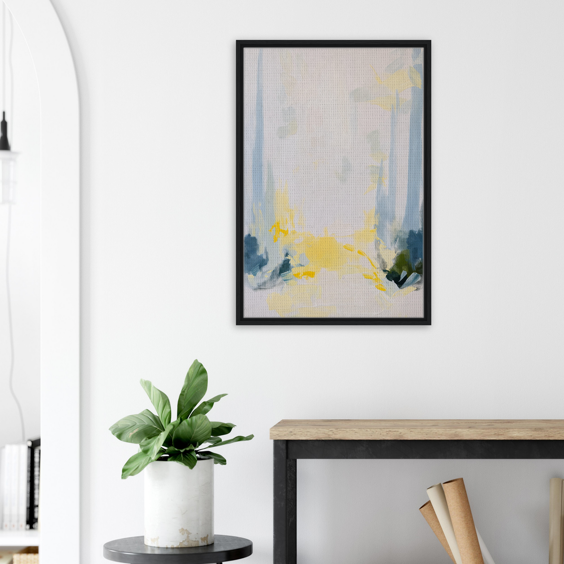 Abstract painting in soft yellow and blue tones, framed canvas print Tranquil Arbor Dreams